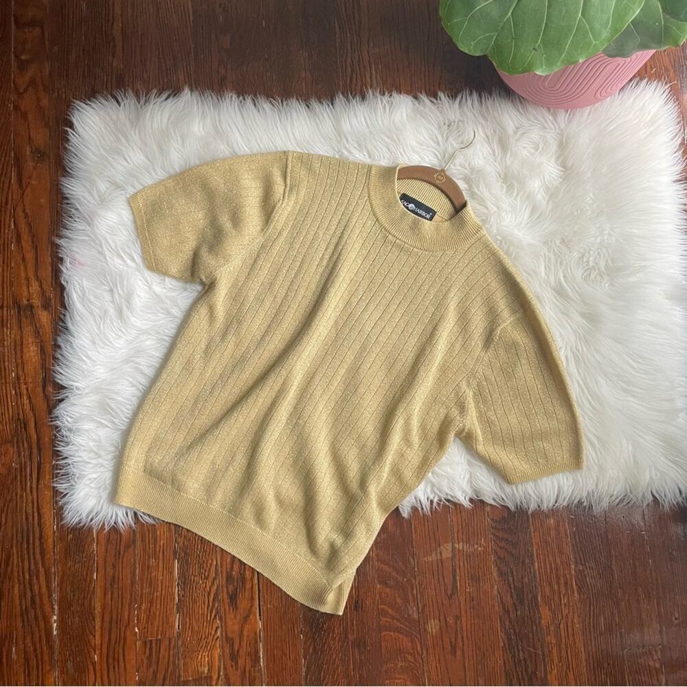 Vintage Gold Metallic Sweater Top Short Sleeve Ribbed